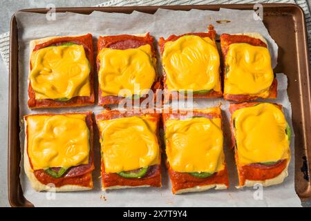 Italienische hausgemachte Pizzascheiben im Altoona-Stil mit Salami und amerikanischem Käse Stockfoto