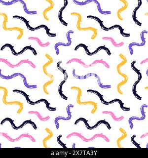 Modisches abstraktes, modernes nahtloses Muster mit farbigen, trockenen Pinselkreiden in Holzkohle. Grafischer Squiggle-Vektor. Moderner trendiger Vektor. Grung Stock Vektor