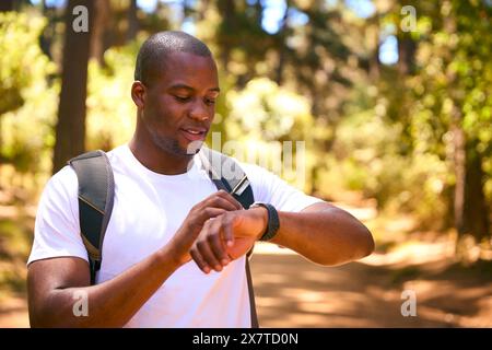 Junger Aktiver Mann Überprüft Aktivitätsmonitor Auf Smart Watch Wandern Auf Dem Trail Durch Die Landschaft Stockfoto