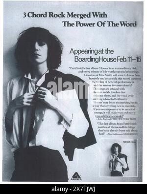 1975 Patti Smith – Horses Album – Boarding House Februar 11-15 – Veröffentlichung eines Promo-Covers Stockfoto