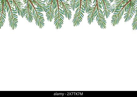 Nahtlose Weihnachtsbaumkante isoliert auf weiß. Handgezeichnetes trendiges, flaches, grünes Fichtenzweig Weihnachtslärche, Kiefer, immergrüner Baum nahtloses Banner für Weihnachtsdekoration. Vektorabbildung Stock Vektor