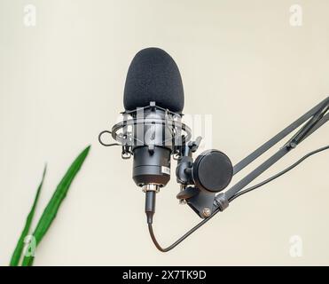 Studio-Mikrofon auf einem Ständer auf hellem Hintergrund Stockfoto