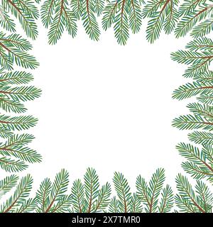 Weihnachtsbaum quadratischer Rahmen für Grußkarte Glückwunsch zum neuen Jahr, frohe weihnachten. Weihnachtslärche, Kiefer immergrüner Baum. Handgezeichneter flacher Stil isoliert auf weiß. Vektorabbildung Stock Vektor