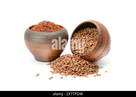 Linsen und brauner Reis in Tontöpfen isoliert auf weißem Hintergrund. Nahrhaftes vegetarisches Essen. Stockfoto