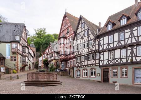 Marktplatz Miltenberg mit Marktbrunnen und prächtige Fachwerkhäuser, Schnatterloch. Das Ensemble zählt zu den meistfotografierten Motiven in Deutschland. // 02.05.2024: Miltenberg, Unterfranken, Bayern, Deutschland *** Marktplatz Miltenberg mit Marktbrunnen und prachtvollen Fachwerkhäusern, Schnatterloch das Ensemble ist eines der meistfotografierten Motive in Deutschland 02 05 2024 Miltenberg, Niederfranken, Bayern, Deutschland Stockfoto