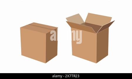 Vektorisolierter Satz von Kartonboxen, geöffnet und geschlossen Stock Vektor