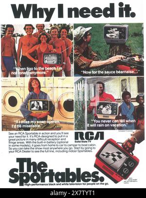 1976 RCA „The Sportables“ Hochleistungs-Schwarzweiß-TV To Go-Werbung Stockfoto