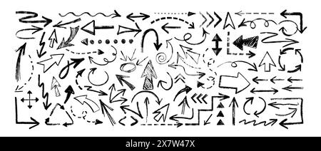Handzeichnung Holzkohlepfeil Set. Zeiger für die Kritzelrichtung, gekrümmte Konturen, Cursor, gestrichelte, kreisförmige und Wellenpfeile. Schwarze Kreidebleistift-Strichlinien. Grunge-Buntstift-Kritzeleien, Kritzeleien bemalt mit Kohle. Stock Vektor