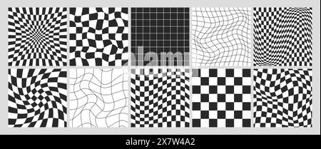 Quadratisches psychedelisches Schachbrett mit verdrehter schwarz-weißer Gitterfliese. Kariertes nahtloses geometrisches Muster im Retro-y2k-Stil. Verzerrter Schachbretthintergrund mit Verzerrungseffekt, optische Illusion Stock Vektor