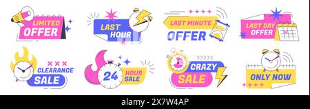 Letztes Mal bieten Sie Abzeichen mit Wecker, Kalender, Countdown und Megaphon-Symbol an. Rabatt-Aufkleber-Set mit Promotion. Hot Sale Banner Template Design. Begrenztes Angebot und nur jetzt Etiketten mit Stoppuhr. Stock Vektor