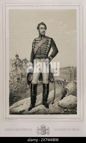 Karl XV. Von Schweden (1826-1872). Geboren Carl Ludvig Eugen. König von Schweden und Norwegen (als Karl IV.) zwischen 1859 und 1872. Porträt von Karl Ludvig als Erbe Prinz von Schweden. Zeichnung von C. Legrand. Lithographie von J. Donón. Reyes Contemporáneos (Zeitgenössische Könige). Band III. Veröffentlicht in Madrid, 1854. Stockfoto