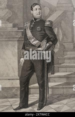 Ferdinand II. Der beiden Sizilien (1810-1859). König der beiden Sizilien (1830-1859). Hochformat. Zeichnung von B. Blanco. Lithographie von J. Donón. Reyes Contemporáneos (Zeitgenössische Könige). Band III. Veröffentlicht in Madrid, 1854. Stockfoto