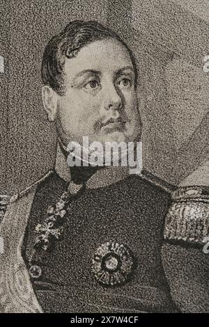 Ferdinand II. Der beiden Sizilien (1810-1859). König der beiden Sizilien (1830-1859). Hochformat. Zeichnung von B. Blanco. Lithographie von J. Donón. Details. Reyes Contemporáneos (Zeitgenössische Könige). Band III. Veröffentlicht in Madrid, 1854. Stockfoto