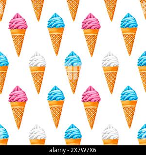 Eis Süße Desserts Nahtloses Muster. Süßes Sommerdessert, Eis mit verschiedenen Köstlichkeiten, Eiskegel und Eis. Aquarellabbildung Stockfoto