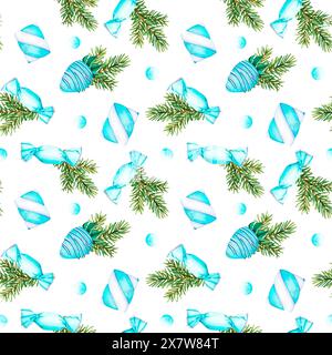 Nahtloses Muster mit Karamellbonbons in blauer Verpackung mit Schleifen, süßen Marshmallow-Twists, Erdbeere mit glasierter blauer Schokolade Stockfoto