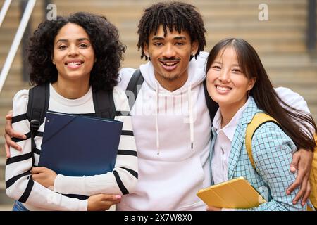 Drei junge Schüler lächeln und umarmen sich, während sie Rucksäcke halten, Notizblöcke halten und in die Kamera schauen Stockfoto