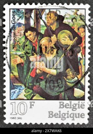 Gestempelte Briefmarke, gedruckt von Belgien, auf der das Gemälde 'Anbetung der Hirten' von Hugo van der Goes (1430-1482) um 1982 zu sehen ist. Stockfoto