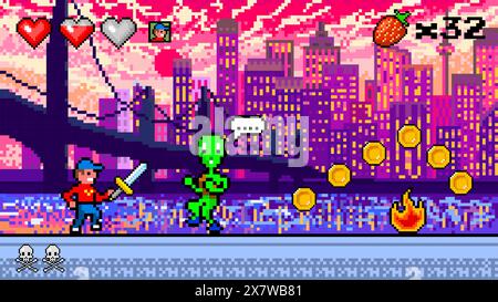 Pixel moderne Stadt. Die Spielfigur sammelt Münzen. Überleben von Ebenen und Anzahl der Leben. Art 8-Bit-Objekte. Hintergrund für die Anwendung oder ein Stock Vektor