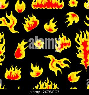 Nukleare Explosion. Nahtloses Muster. Pixel Art 8-Bit-Brandobjekte. Pilzwolke. Spielsymbole festgelegt. Comic-Flammeffekte mit großem Boom. Beleuchtete Übereinstimmung und Stock Vektor