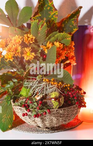 Eine schöne Komposition aus Kastanien, Herbstblumen und Blättern, Sanddorn und Weißdornbeeren. Herbststillleben, Herbststrauß in einem Weidenbock Stockfoto