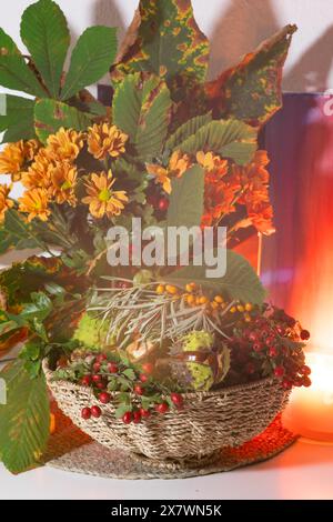 Eine schöne Komposition aus Kastanien, Herbstblumen und Blättern, Sanddorn und Weißdornbeeren. Herbststillleben, Herbststrauß in einem Weidenbock Stockfoto