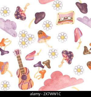 Nahtloses Muster mit Retro-Gitarre, Band, Wolken und Pilzen in Aquarellfarben. Vintage Hippie-Musik Textil-Clipart. Handgezeichneter nostalgischer Druck für Kleidung, Tapeten, Verpackung, Scrapbooking Stockfoto