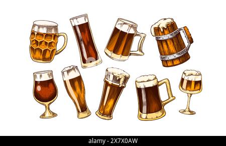 Bier klassische Holzfässer, destillierter Alkohol. Hopfen, Malz. Anfeuerung. Glasbecher mit Getränk. Burger mit Kartoffelset. Handgezeichnet mit Tinte Stock Vektor