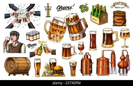 Bier klassische Holzfässer, destillierter Alkohol. Hopfen, Malz. Anfeuerung. Glasbecher mit Getränk. Burger mit Kartoffelset. Handgezeichnet mit Tinte Stock Vektor