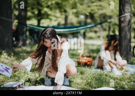 Zwei Schwestern malen und genießen die Natur in einem sonnigen Park Stockfoto