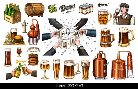 Bier klassische Holzfässer, destillierter Alkohol. Hopfen, Malz. Anfeuerung. Glasbecher mit Getränk. Burger mit Kartoffelset. Handgezeichnet mit Tinte Stock Vektor