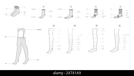 Diagramme mit Soks und engen Teilen mit Textnamen. Strumpfwaren Mode Accessoire Kleidung technische Illustration Strumpfwaren. Vektorseite Ansichtstyp, flache Vorlage CAD-Skizzenkontur isoliert Stock Vektor