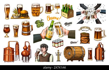 Bier klassische Holzfässer, destillierter Alkohol. Hopfen, Malz. Anfeuerung. Glasbecher mit Getränk. Burger mit Kartoffelset. Handgezeichnet mit Tinte Stock Vektor