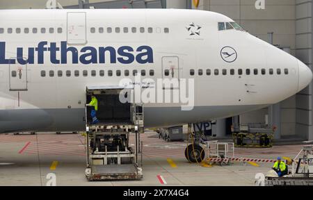 Bodenpersonal, das Luftfracht in einer Boeing 747 vor dem Abflug verlädt, Flughafen Frankfurt Stockfoto
