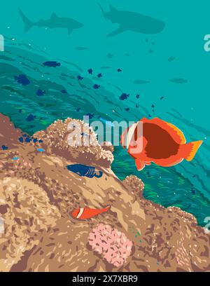 WPA-Posterkunst von rotem Anemonefisch oder australischem Clownfisch Amphiprion rubrocinctus in der Visayanischen See in Oslob, Cebu auf den Philippinen hergestellt in Stock Vektor