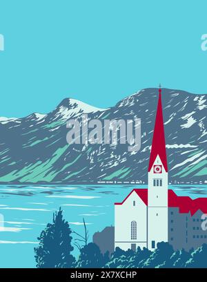 WPA-Posterkunst des Hallstatt-Sees an der Westküste von Hallstatt mit Salzkammergut-Gebirge in der Bergregion Salzkammergut in Österreich Stock Vektor