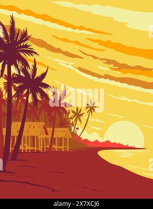 WPA-Posterkunst eines Strands auf der Insel Phu Quoc während des Sonnenuntergangs in der Provinz Kien Giang im Golf von Thailand in Vietnam hergestellt in Werkprojekt ADM Stock Vektor