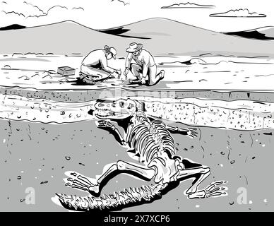 Comics-Zeichnungen oder Illustrationen eines Archäologen, der in der Wüste unter Schichten von Sedimentgesteinen Fossilienknochen prähistorischer Dinosaurier ausgräbt Stock Vektor