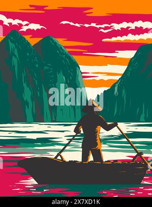 WPA-Posterkunst der Halong-Bucht oder der Halong-Bucht mit Bootsverkäufer bei Sonnenuntergang in der Provinz Quang Ninh in Vietnam, durchgeführt in der Projektverwaltung Stock Vektor