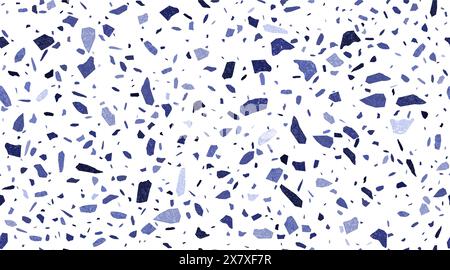 Nahtloses Grunge-blaues Terrazzo-Muster. Vektor-Terazzo-Ornament, Bodenfliese oder gesprenkelte strukturierte Betonoberfläche mit verstreuten unregelmäßigen Formen und Fragmenten in azurblauen und grauen Tönen Stock Vektor