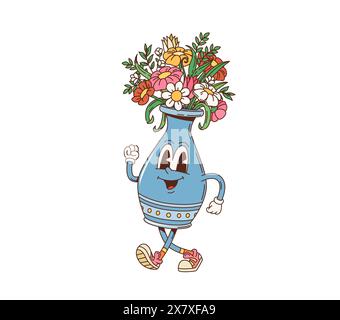 Cartoon Retro groovige Blumen Vase Charakter mit glücklichem Gesicht, Vektor 70s Hippie Lächeln. Groovige lustige Blumensträuße in Vase mit lächelndem Gesicht, flippige Zeichentrickfigur für Emoji oder Emoticon-Aufkleber Stock Vektor