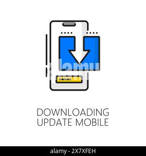 Software-Update für Mobilgeräte – Symbol für dünne Farblinien wird heruntergeladen. Smartphone-Treiber- oder Software-Update, Telefon-Anwendungsservice oder Wartung dünne Linie Vektor-Piktogramm mit Smartphone und Download-Pfeil Stock Vektor