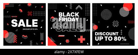 Black Friday Sale abstrakte Banner mit Memphis-Formen für Rabattaktion, Vektorhintergründe. Black Friday-Werbebanner für Shop-Rabatte und Verkaufsaktionen mit geometrischen Elementen von Memphis Stock Vektor