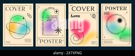 Abstrakte, ästhetische y2k-Verlaufsposter mit Vektorlinien und Weichzeichnungsformen. Moderne grafische Planetenkugel, Sterne und Glitzer, Bögen und Kreise auf pastellfarbenem Hintergrund mit Farbverlauf, Deckschablonen-Set Stock Vektor
