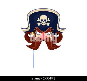 Piraten-Karneval-Fotokabine-Maske. Isolierter Karikaturvektor skurrile Korsair Gesicht auf Stock, verspielte Maske, verfügt über einen schillernden Ausdruck, großen Schnurrbart, rote Nase und einen Hahn Hut mit einem Schädelemblem Stock Vektor