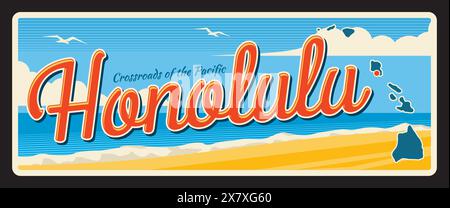Honolulu amerikanische Stadt, USA Retro-Reiseschild und Aufkleber für Reiseziele. Amerikanisches Reiseziel Blechschild, Andenken an die Stadt USA. Stadtschild der Vereinigten Staaten mit Karte und Touristenstrand Stock Vektor