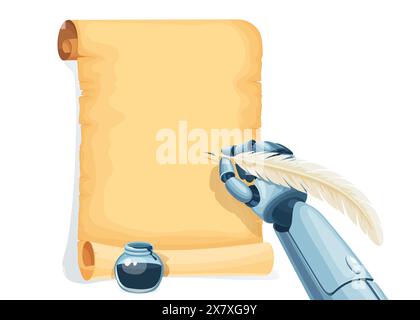 Roboter schreibt, maschinelles Lernen und künstliche Intelligenz futuristische Technologie, Cartoon Vektor. Roboterhand mit Tuschfeder-Schrift auf antike Manuskriptpapierrolle für maschinelles Lernen Stock Vektor