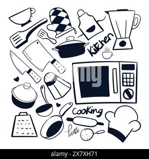 Handgezeichnete Küche Scribble Zeichnung. Küche Kochen Zeichnung Vektor Set. Küchenartikel Werkzeug Zeichnung Kritzelvektor Stock Vektor