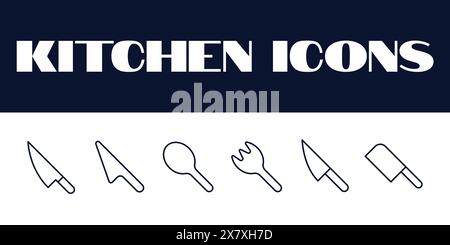 Küchen-Icons-Set. Küchenlinie Symbole setzen Vektor. Küchenartikel Werkzeuge Vektor-Symbole. Stock Vektor