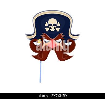 Piraten-Karneval-Fotokabine-Maske. Isolierter Karikaturvektor skurrile Korsair Gesicht auf Stock, verspielte Maske, verfügt über einen schillernden Ausdruck, großen Schnurrbart, rote Nase und einen Hahn Hut mit einem Schädelemblem Stock Vektor