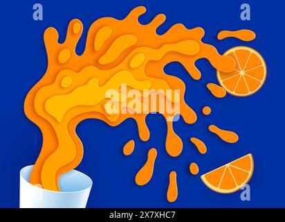 Orangensaftspritzer aus Papier. Dynamischer und bunter Papercut des 3D-Vektors aus Zitrusfrüchten spritzt aus Glas mit frischen Orangenscheiben in Bewegung, Sommerfrische und Energie im tropischen Getränk Stock Vektor